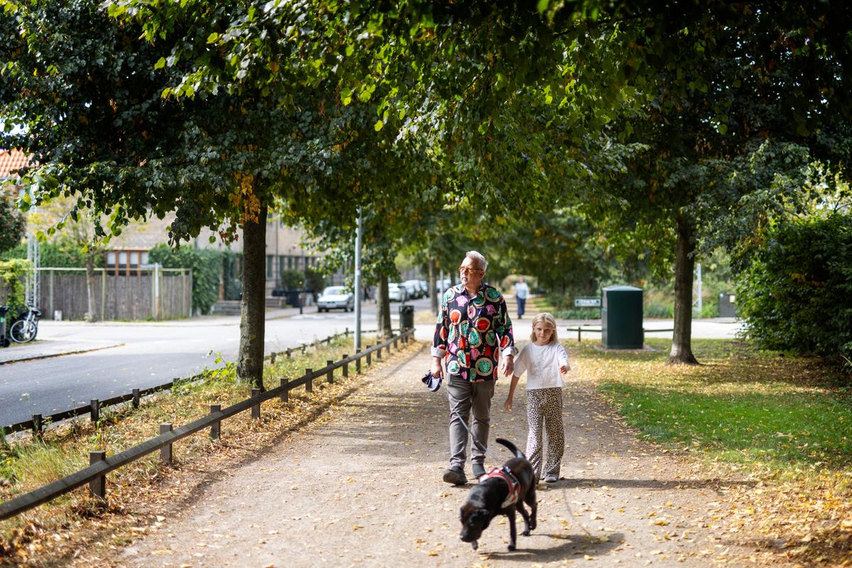 Billede af en ældre mand, der går tur med sit barnebarn og hund på en solskinsdag.