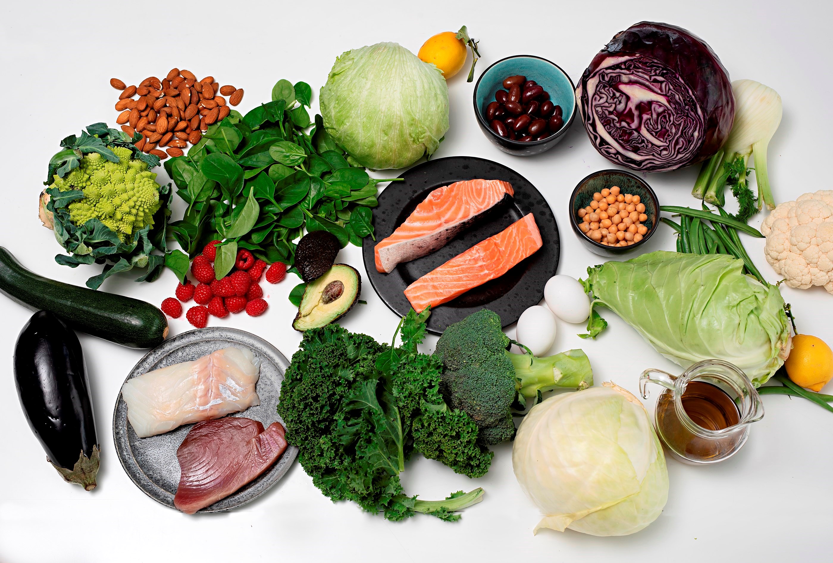 Billede af forskellige råvarer på et bord